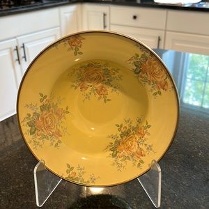 Vintage Mackenzie Childs yellow floral camp enamel with gold trim bowl